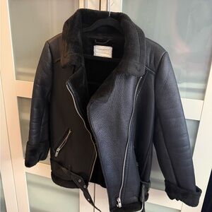 Zara Black Leather Jacket with Shearling Lining